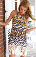 Backless Halter Tassel Geometric Printed Sundress Short Dress - Oh Yours Fashion - 4