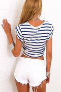 Striped Bare Midriff Bowknot Short Sleeves Crop Top - OhYoursFashion - 5