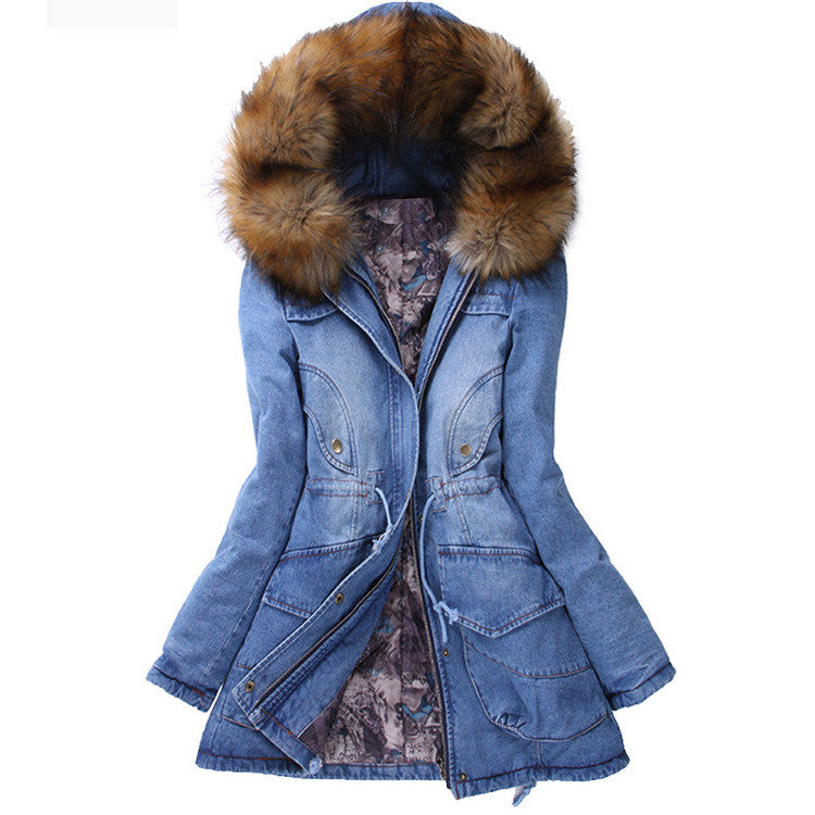 Big Wool Hooded Drawstring Jean Mid-length Cotton Coat - Oh Yours Fashion - 1