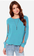 Scoop Long Sleeves Split Casual Chiffon Blouse - Oh Yours Fashion - 5