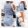 Bare Shoulder Hollow Flowers Turn-down Collar Slim Blouse - OhYoursFashion - 2
