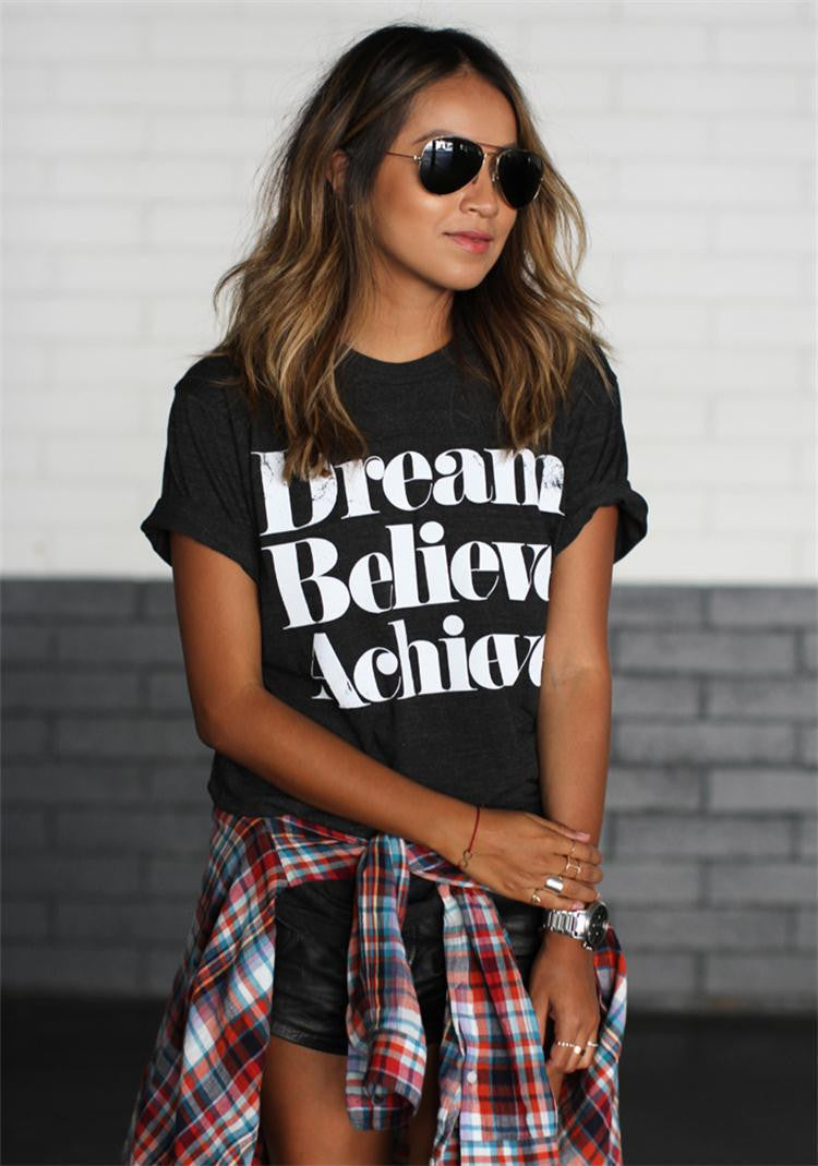 Dream Believe Achieve Letter Print Woman Top T-shirt - Oh Yours Fashion - 2