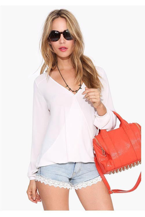 Deep V-neck Long Sleeves Chiffon Plus Size Blouse - Oh Yours Fashion - 6