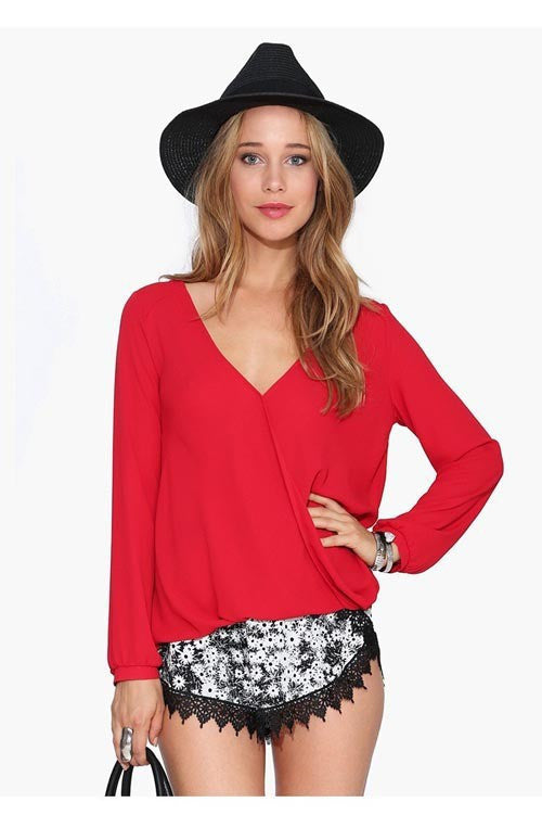 Deep V-neck Long Sleeves Chiffon Plus Size Blouse - Oh Yours Fashion - 5