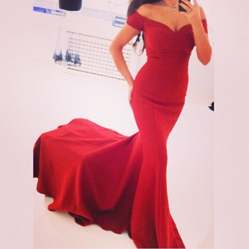 Sexy Off Shoulder Red Mermaid Long Party Floor Length Dress - OhYoursFashion - 2