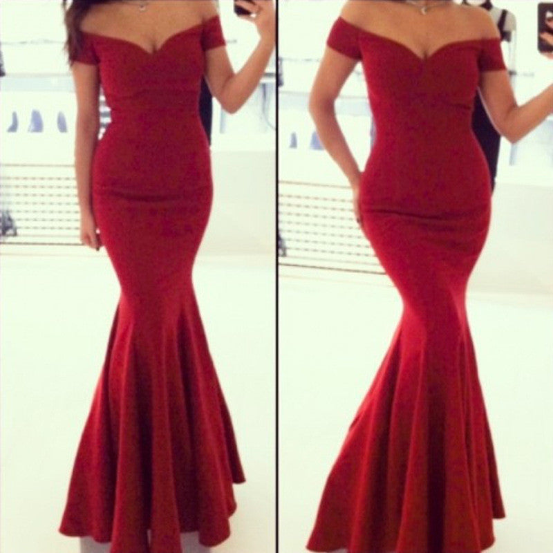 Sexy Off Shoulder Red Mermaid Long Party Floor Length Dress - OhYoursFashion - 1