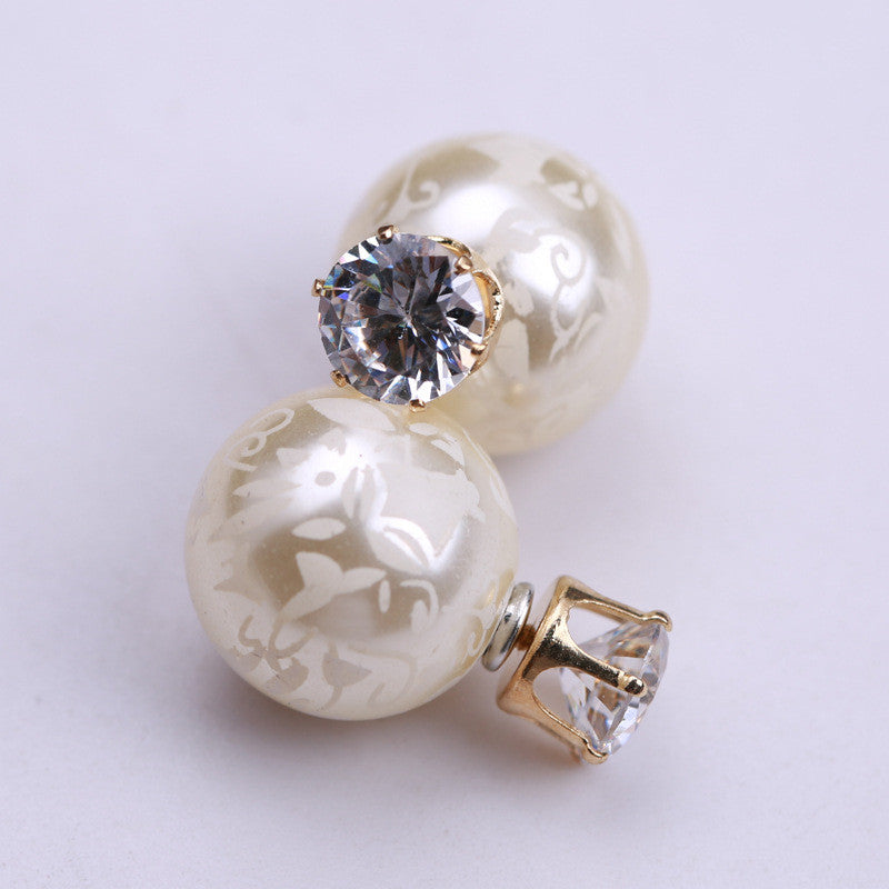 Printing Zircon Double Pearl Earring - Oh Yours Fashion - 11