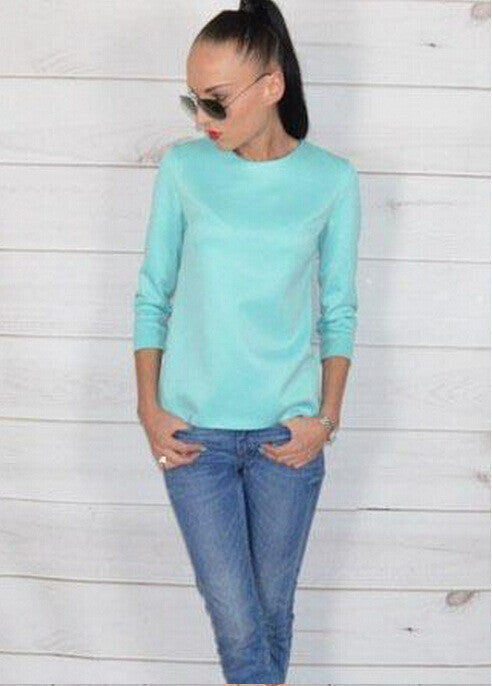 Scoop 3/4 Sleeves Back Button Pure Color Chiffon Blouse - Oh Yours Fashion - 2