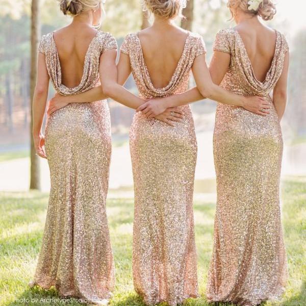 High Quality Shinning Backless Sequined Long Party Bridesmaid Dress