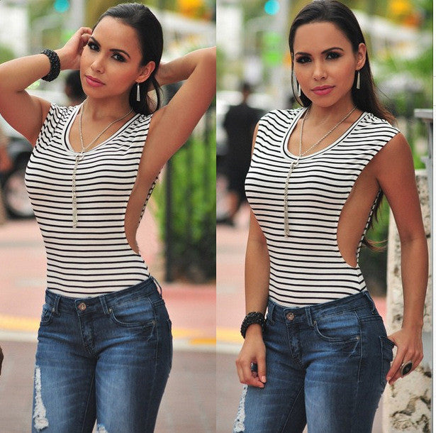 Sexy Striped Scoop Sleeveless Skinny Slim Blouse - Oh Yours Fashion - 1