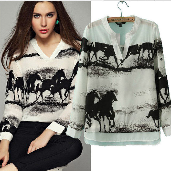 House Print v-neck Long Sleeves Chiffon Blouse - Oh Yours Fashion - 1
