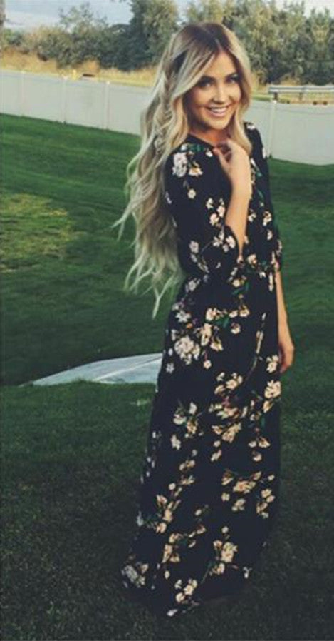 Chiffon Floral O-neck Long Sleeve Long Dress - Oh Yours Fashion - 1