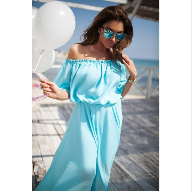 Off Shoulder Short Sleeves High-waist Floor-length Long Dress - Oh Yours Fashion - 2