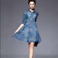 Flower Button POLO-neck Short Sleeve Knee-length Dress - Oh Yours Fashion - 1