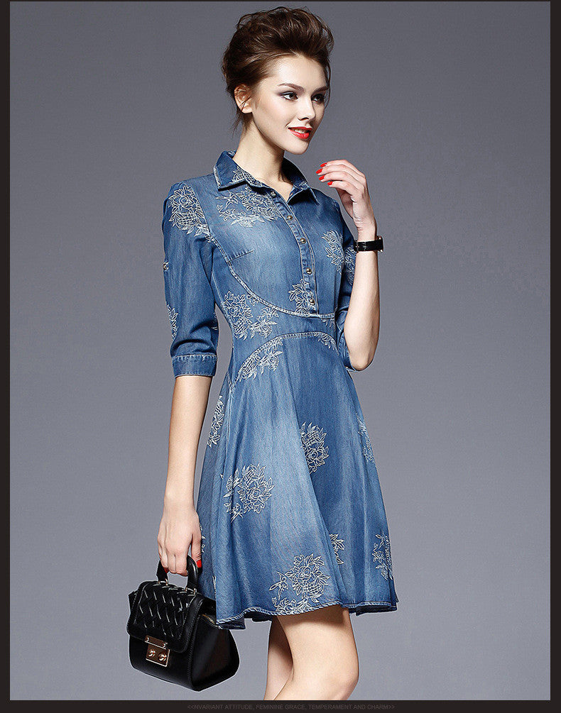 Flower Button POLO-neck Short Sleeve Knee-length Dress - Oh Yours Fashion - 4