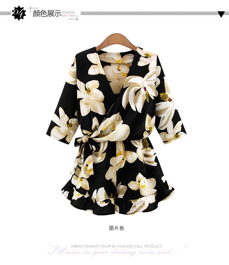 Flower Print 3/4 Sleeves V-neck A-line Fashion Short Jumpsuits - OhYoursFashion - 3
