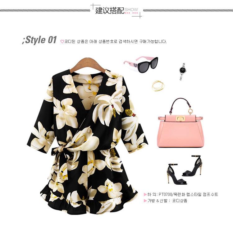 Flower Print 3/4 Sleeves V-neck A-line Fashion Short Jumpsuits - OhYoursFashion - 5