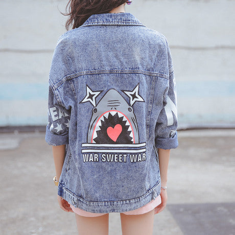 Print Stand Collar Loose Denim Short Coat - Oh Yours Fashion - 1