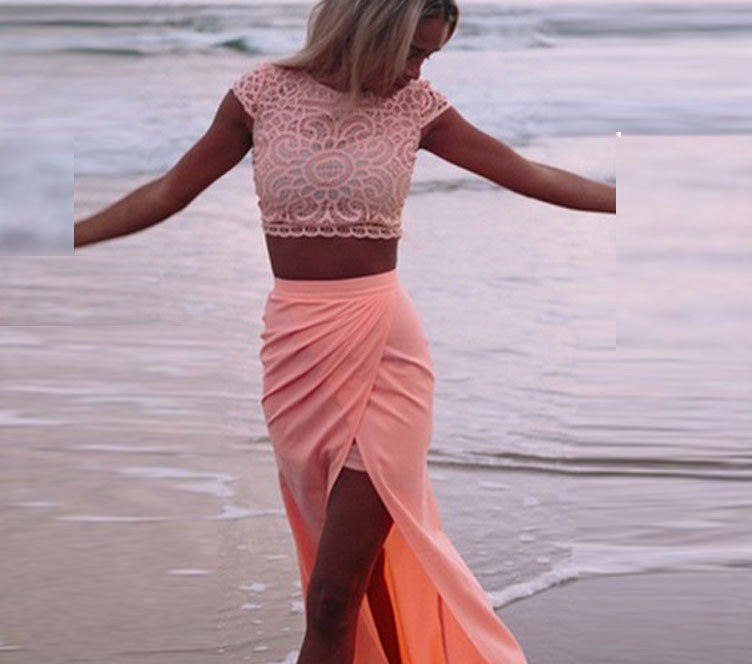 Scoop Lace Crop Top Split Long Skirt Dress Suit - Oh Yours Fashion - 1