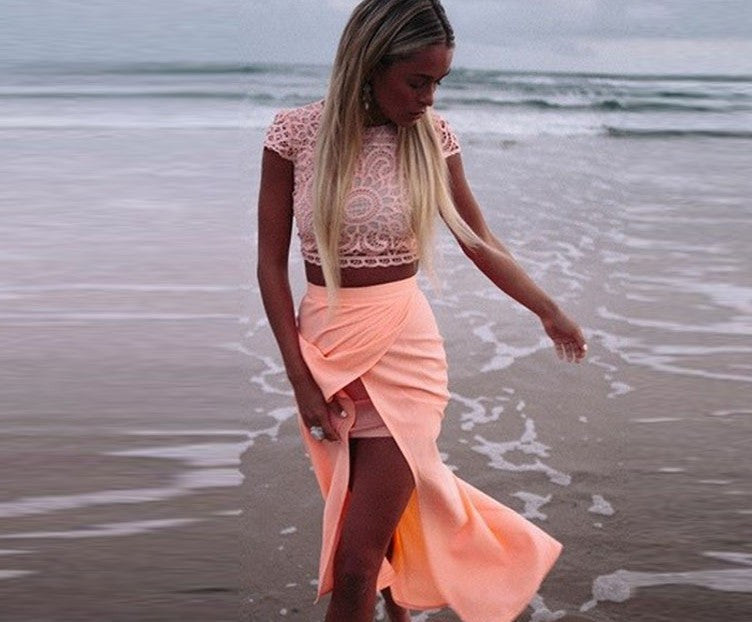 Scoop Lace Crop Top Split Long Skirt Dress Suit - Oh Yours Fashion - 4
