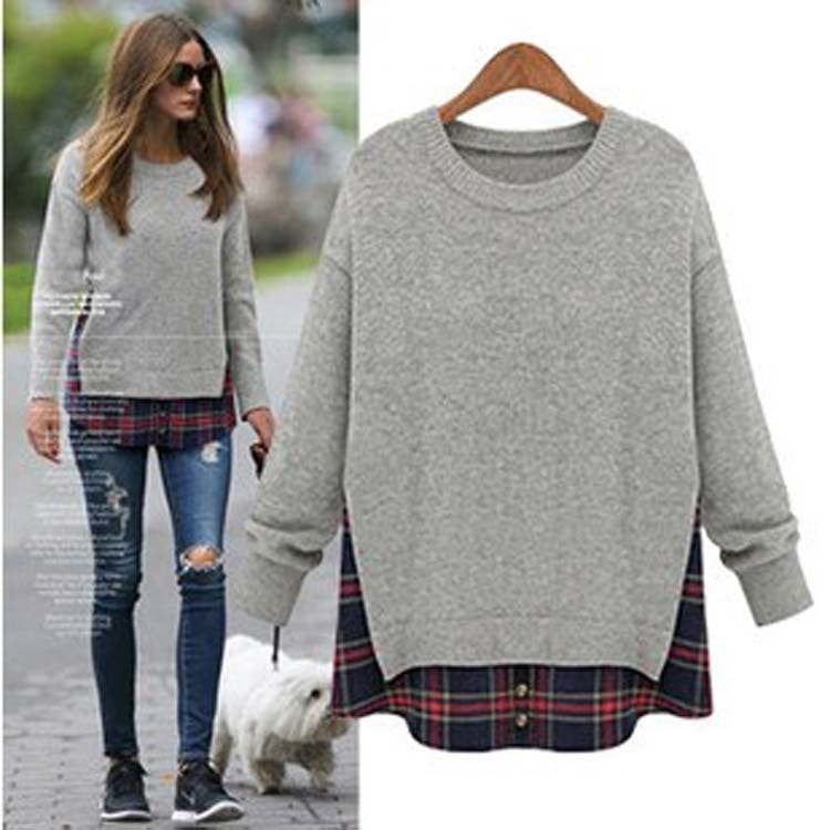 Plus Size Loose Scoop Long Sleeve False Two-piece T-Shirt - Oh Yours Fashion - 1