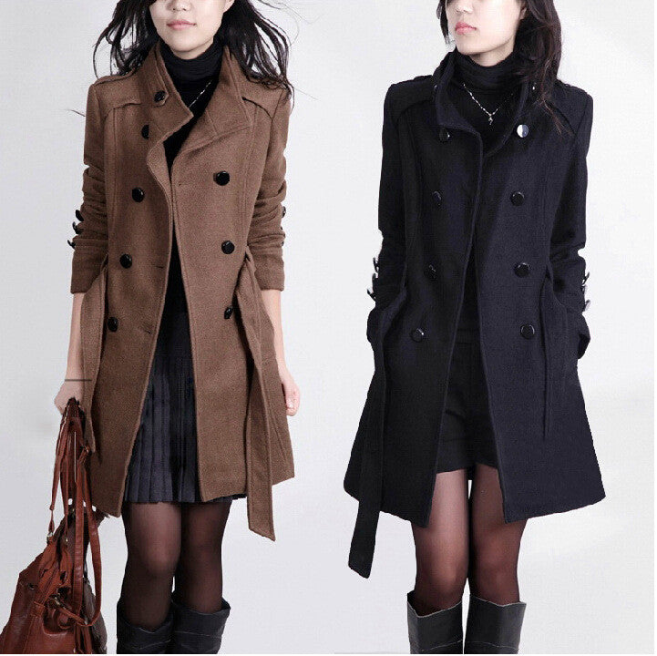 Double Breasted Stand Collar Belt Slim Long Plus Size Coat - Oh Yours Fashion - 1