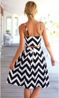 Striped Spaghetti Strap Crop Top Pleated Knee-length Skirt Dress Suit - Oh Yours Fashion - 4