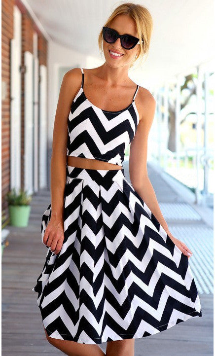 Striped Spaghetti Strap Crop Top Pleated Knee-length Skirt Dress Suit - Oh Yours Fashion - 2