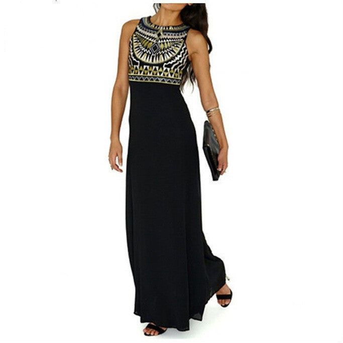 Beautiful Geometry Print Sleeveless Black Chiffon Long Dress - Oh Yours Fashion - 5