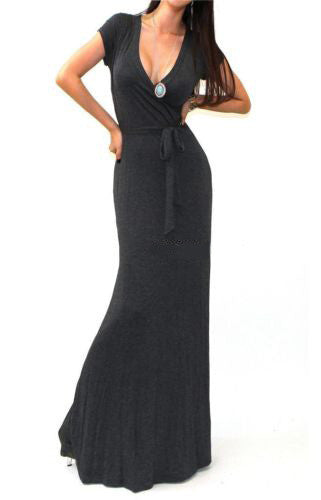 Slim V-neck Short Sleeve Floor Length Long Dress - Oh Yours Fashion - 5
