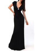 Slim V-neck Short Sleeve Floor Length Long Dress - Oh Yours Fashion - 3
