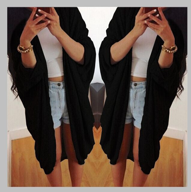 Batwing Solid Pleated Loose Long Cardigan - Oh Yours Fashion - 3