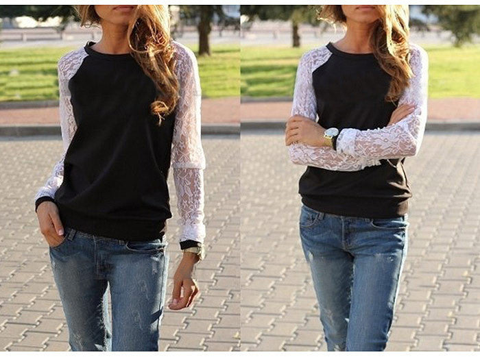 Lace Splicing Scoop Pullover Loose Long Sleeve T-shirt - Oh Yours Fashion - 5