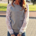 Lace Splicing Scoop Pullover Loose Long Sleeve T-shirt - Oh Yours Fashion - 1