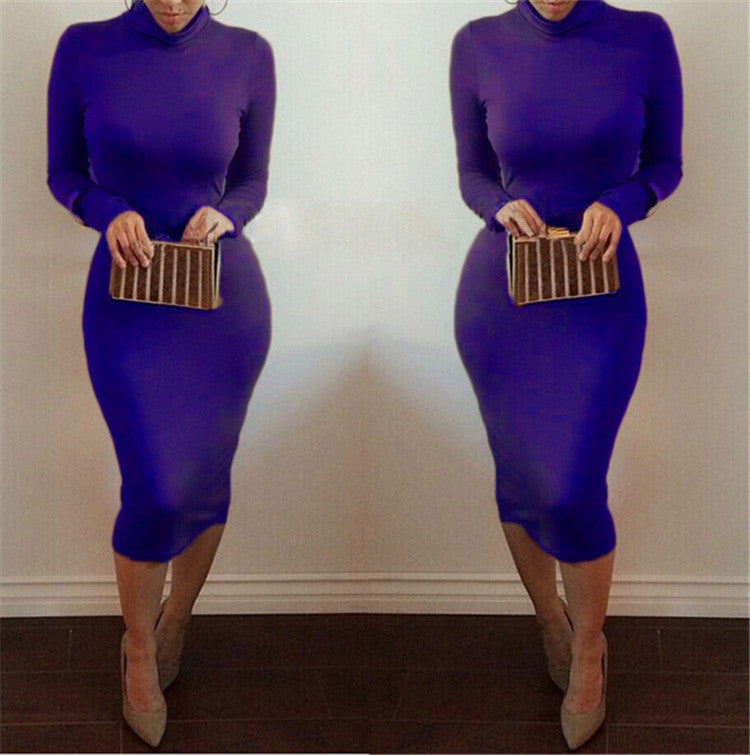High Neck Long Sleeves Bodycon Pure Color Party ClubDress - OhYoursFashion - 9