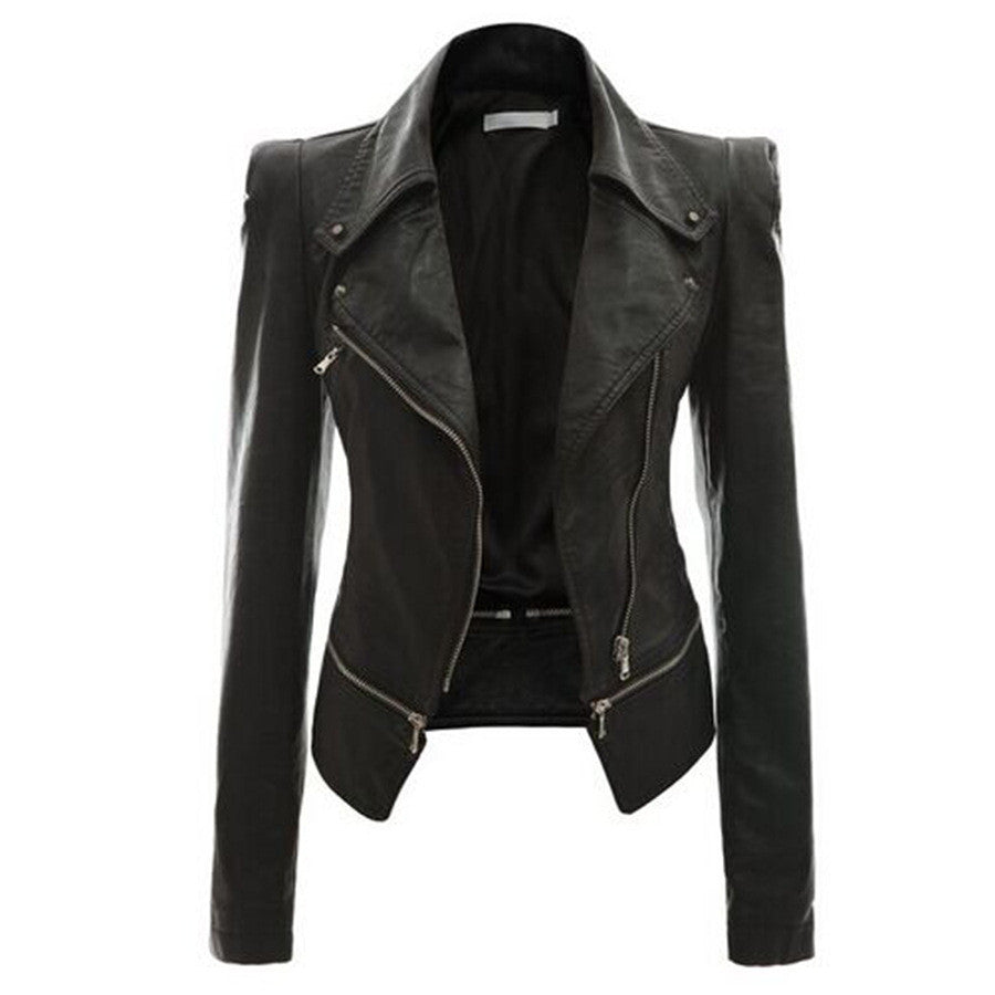 Turn Down Zippered Collar PU Jacket - O Yours Fashion - 1
