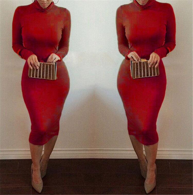 High Neck Long Sleeves Bodycon Pure Color Party ClubDress - OhYoursFashion - 5