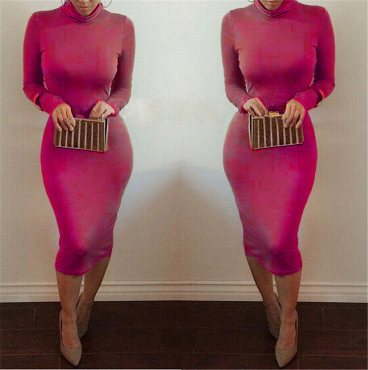 High Neck Long Sleeves Bodycon Pure Color Party ClubDress - OhYoursFashion - 6