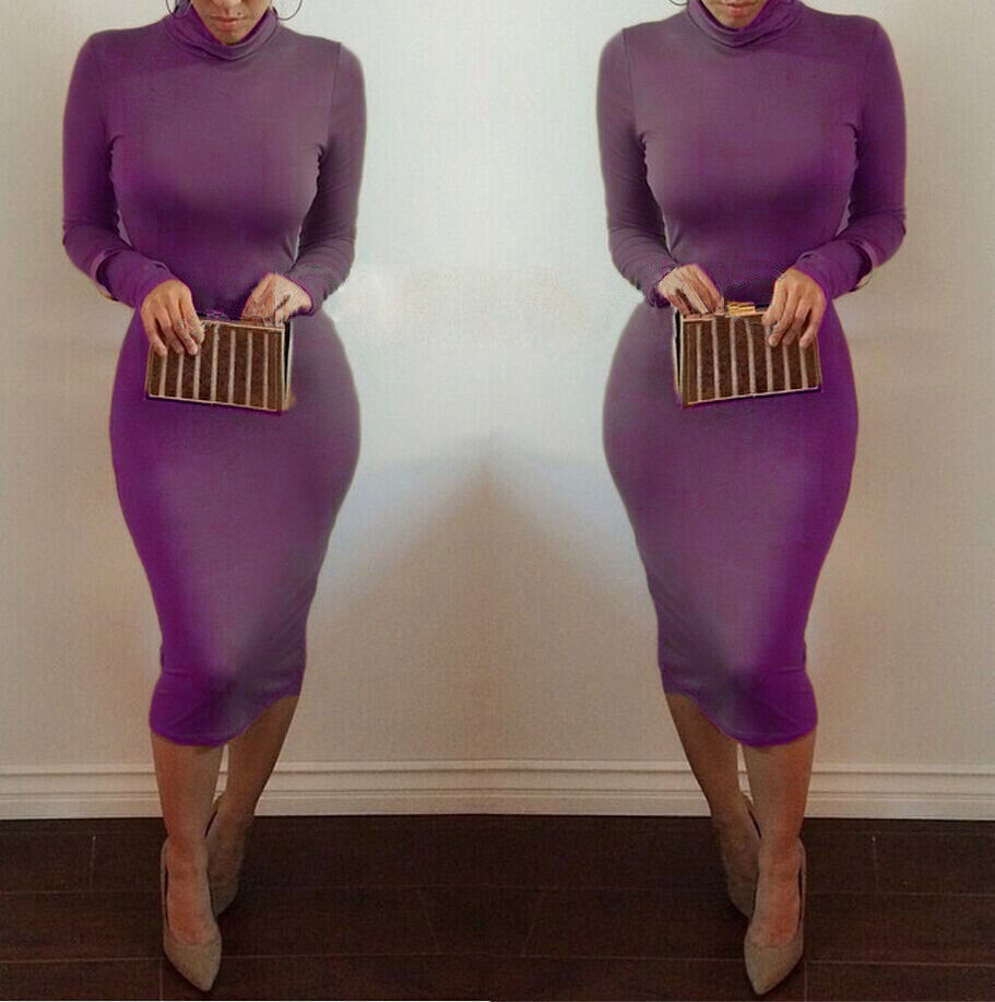 High Neck Long Sleeves Bodycon Pure Color Party ClubDress - OhYoursFashion - 8