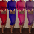 High Neck Long Sleeves Bodycon Pure Color Party ClubDress - OhYoursFashion - 12