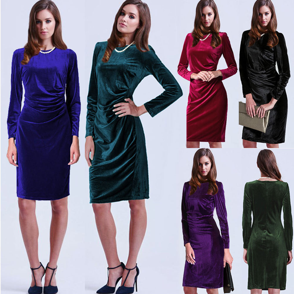 Fashion Velvet Scoop Long Sleeve Knee-Length Dress - Oh Yours Fashion - 1