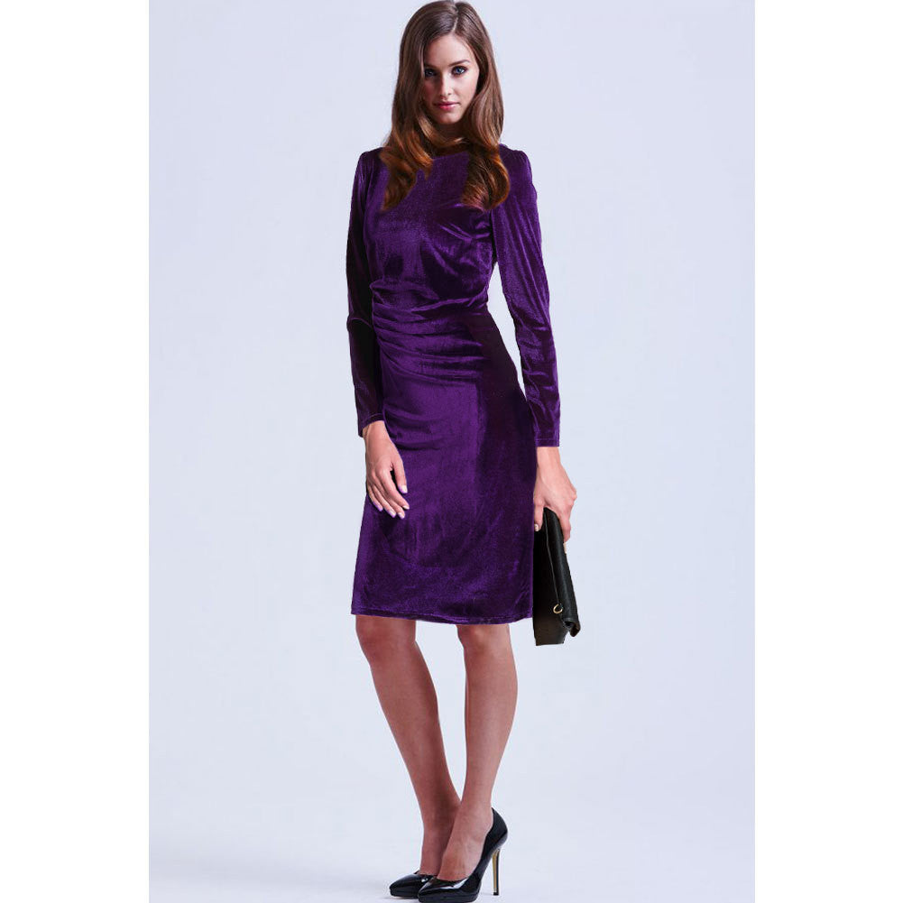 Fashion Velvet Scoop Long Sleeve Knee-Length Dress - Oh Yours Fashion - 5