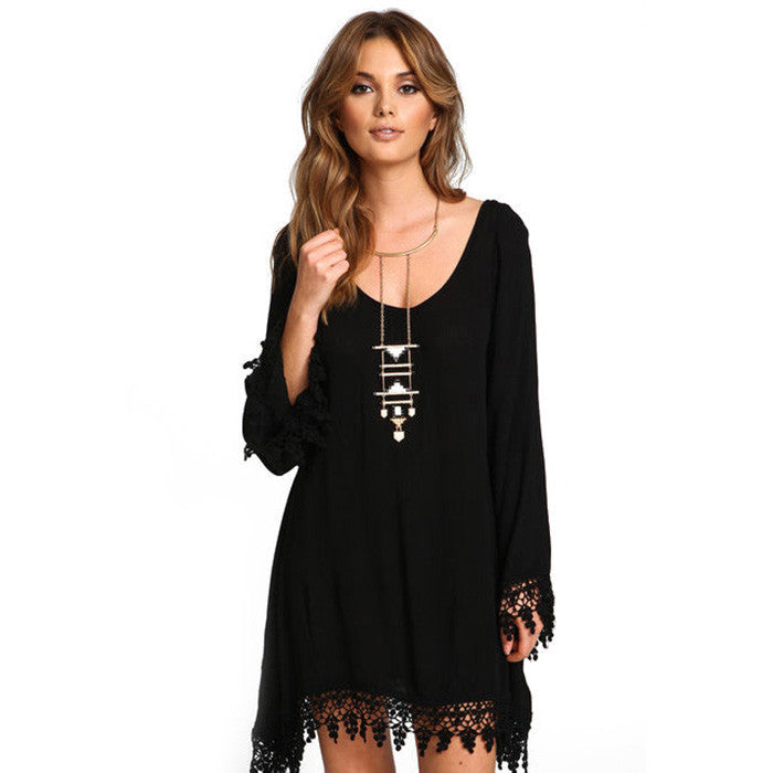Plus Size Long Sleeve Tassel Black Short Dress - Oh Yours Fashion - 4