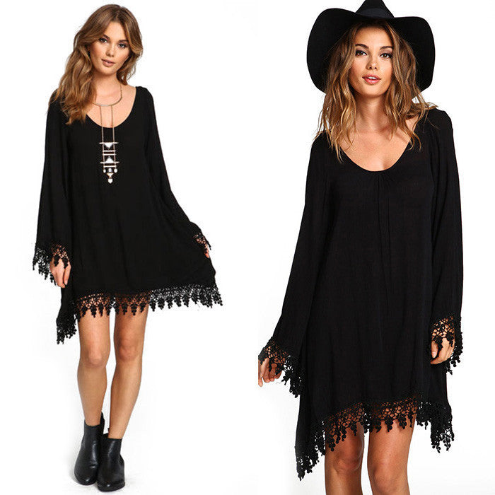 Plus Size Long Sleeve Tassel Black Short Dress - Oh Yours Fashion - 1