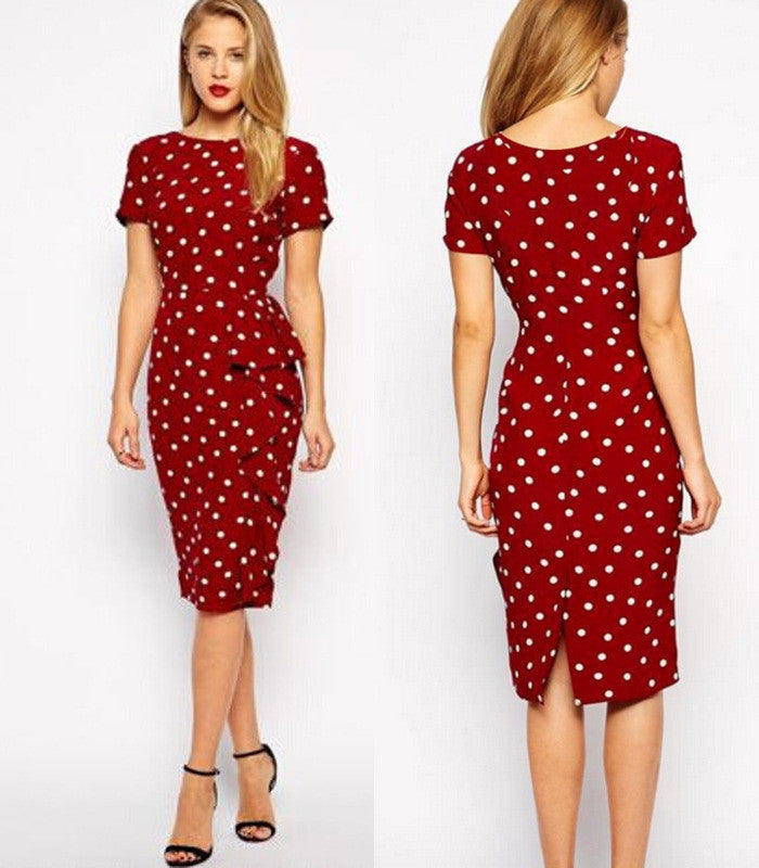 Slim Print Dots O-neck Short Sleeve Knee-length Dress - Oh Yours Fashion - 1