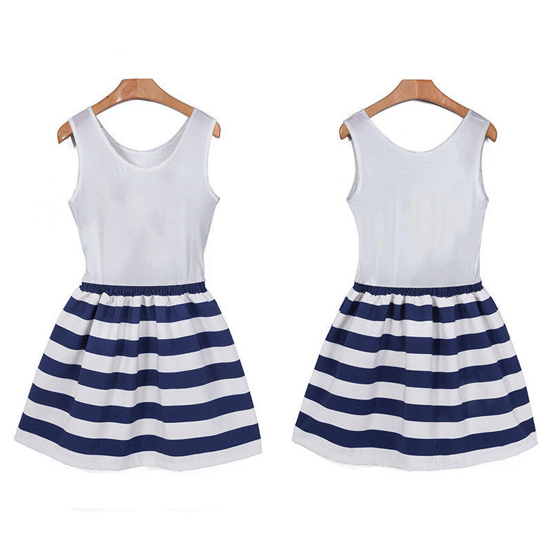 Splicing Stripe O-neck Sleeveless Short Dress - Oh Yours Fashion - 4