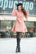 High Neck Long Sleeves Button Wool Belt Coat - Oh Yours Fashion - 6