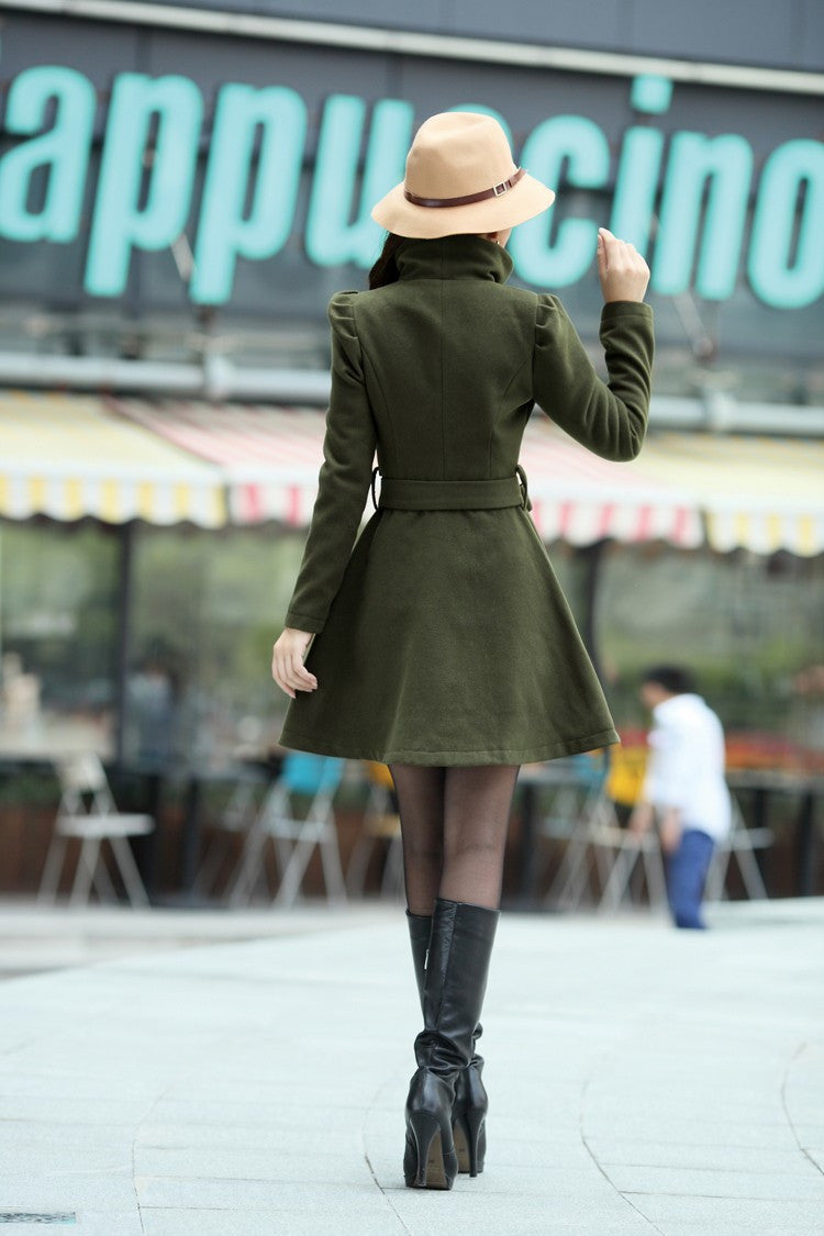 High Neck Long Sleeves Button Wool Belt Coat - Oh Yours Fashion - 8