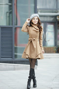 High Neck Long Sleeves Button Wool Belt Coat - Oh Yours Fashion - 3