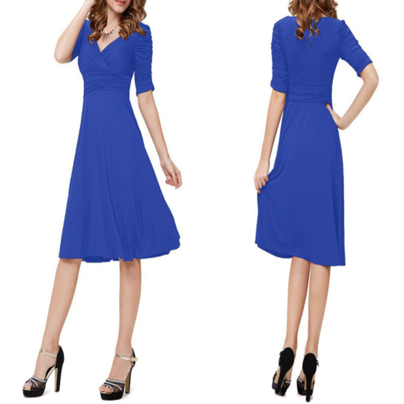 V-neck Ruched Empire Half Sleeves Knee-length A-line Dress - OhYoursFashion - 2